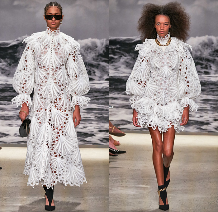 Zimmermann 2020 Spring Summer Womens Runway Catwalk Looks Collection - New York Fashion Week NYFW - Wavelength Lace Needlework Eyelets Holes Mesh Embroidery Cutwork Ruffles Poufy Sleeves Retro Surf Posters Print Wings Ostrich Feathers Flowers Floral Palm Trees Decorative Art Batik Baroque Bohemian Boho-Chic Sheer Tulle Dress Gown Wide Leg Harem Flare Pants Crop Top Blouse Shirtdress Shorts Jumpsuit Coveralls Onesie Wrap Fringes Chain Pouch Heels Sandals