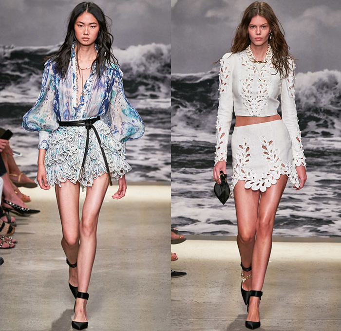 Zimmermann 2020 Spring Summer Womens Runway Catwalk Looks Collection - New York Fashion Week NYFW - Wavelength Lace Needlework Eyelets Holes Mesh Embroidery Cutwork Ruffles Poufy Sleeves Retro Surf Posters Print Wings Ostrich Feathers Flowers Floral Palm Trees Decorative Art Batik Baroque Bohemian Boho-Chic Sheer Tulle Dress Gown Wide Leg Harem Flare Pants Crop Top Blouse Shirtdress Shorts Jumpsuit Coveralls Onesie Wrap Fringes Chain Pouch Heels Sandals