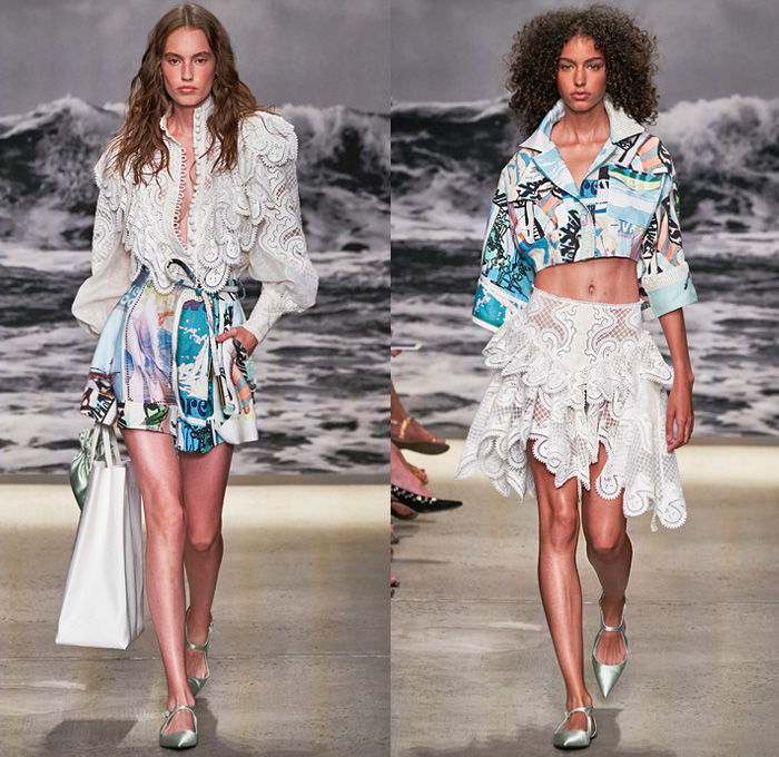 Zimmermann 2020 Spring Summer Womens Runway Catwalk Looks Collection - New York Fashion Week NYFW - Wavelength Lace Needlework Eyelets Holes Mesh Embroidery Cutwork Ruffles Poufy Sleeves Retro Surf Posters Print Wings Ostrich Feathers Flowers Floral Palm Trees Decorative Art Batik Baroque Bohemian Boho-Chic Sheer Tulle Dress Gown Wide Leg Harem Flare Pants Crop Top Blouse Shirtdress Shorts Jumpsuit Coveralls Onesie Wrap Fringes Chain Pouch Heels Sandals