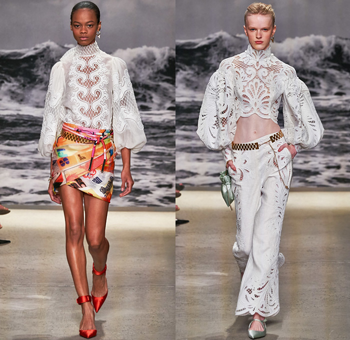 Zimmermann 2020 Spring Summer Womens Runway Catwalk Looks Collection - New York Fashion Week NYFW - Wavelength Lace Needlework Eyelets Holes Mesh Embroidery Cutwork Ruffles Poufy Sleeves Retro Surf Posters Print Wings Ostrich Feathers Flowers Floral Palm Trees Decorative Art Batik Baroque Bohemian Boho-Chic Sheer Tulle Dress Gown Wide Leg Harem Flare Pants Crop Top Blouse Shirtdress Shorts Jumpsuit Coveralls Onesie Wrap Fringes Chain Pouch Heels Sandals