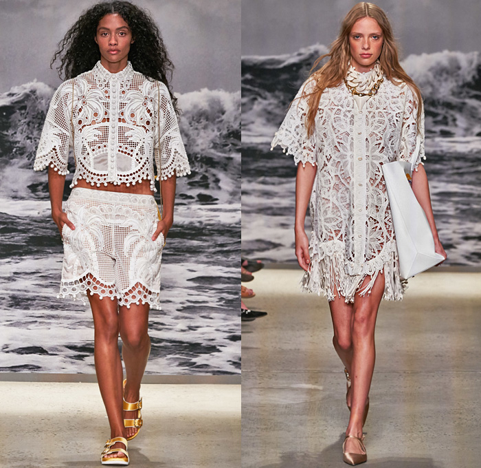 Zimmermann 2020 Spring Summer Womens Runway Catwalk Looks Collection - New York Fashion Week NYFW - Wavelength Lace Needlework Eyelets Holes Mesh Embroidery Cutwork Ruffles Poufy Sleeves Retro Surf Posters Print Wings Ostrich Feathers Flowers Floral Palm Trees Decorative Art Batik Baroque Bohemian Boho-Chic Sheer Tulle Dress Gown Wide Leg Harem Flare Pants Crop Top Blouse Shirtdress Shorts Jumpsuit Coveralls Onesie Wrap Fringes Chain Pouch Heels Sandals