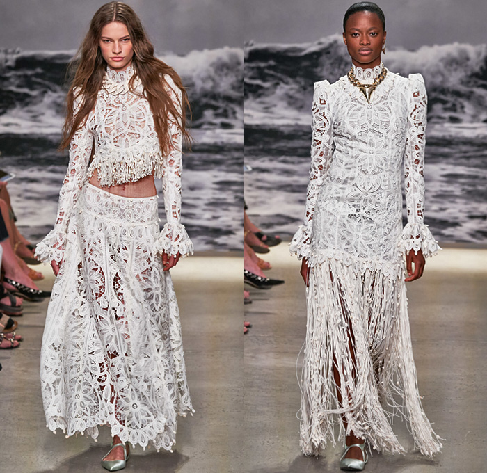 Zimmermann 2020 Spring Summer Womens Runway Catwalk Looks Collection - New York Fashion Week NYFW - Wavelength Lace Needlework Eyelets Holes Mesh Embroidery Cutwork Ruffles Poufy Sleeves Retro Surf Posters Print Wings Ostrich Feathers Flowers Floral Palm Trees Decorative Art Batik Baroque Bohemian Boho-Chic Sheer Tulle Dress Gown Wide Leg Harem Flare Pants Crop Top Blouse Shirtdress Shorts Jumpsuit Coveralls Onesie Wrap Fringes Chain Pouch Heels Sandals