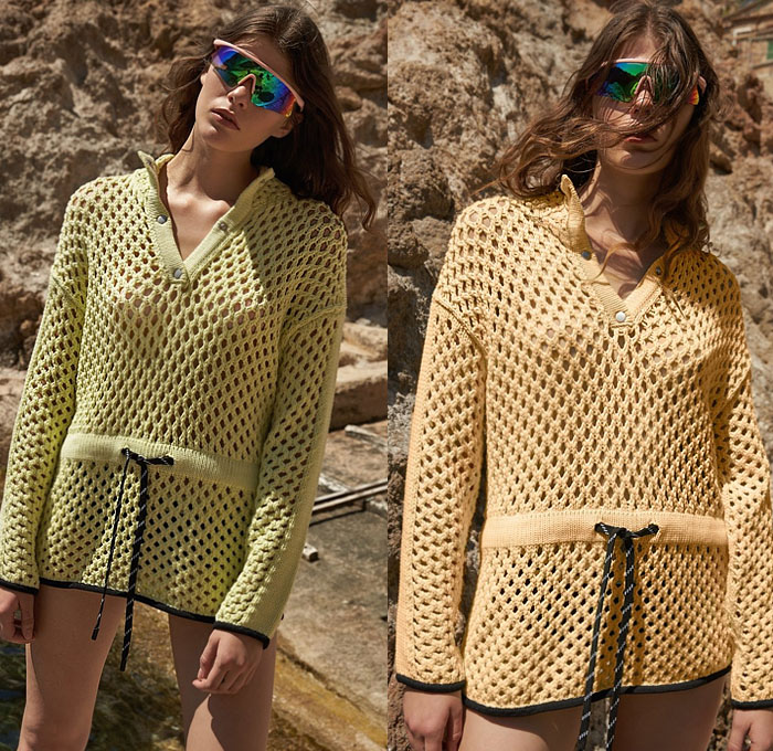 Zoë Jordan 2020 Spring Summer Womens Lookbook Presentation - Athleisure Sporty Trackwear Knit Crochet Mesh Sweaterdress Hoodie Tie-Dye Gradient Ombré Cutout Sleeves Sweatshirt Miniskirt Wide Leg Trackpants Jogger Fringes Sandals Sunglasses 