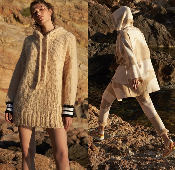 Zoë Jordan 2020 Spring Summer Womens Lookbook Presentation - Athleisure Sporty Trackwear Knit Crochet Mesh Sweaterdress Hoodie Tie-Dye Gradient Ombré Cutout Sleeves Sweatshirt Miniskirt Wide Leg Trackpants Jogger Fringes Sandals Sunglasses 