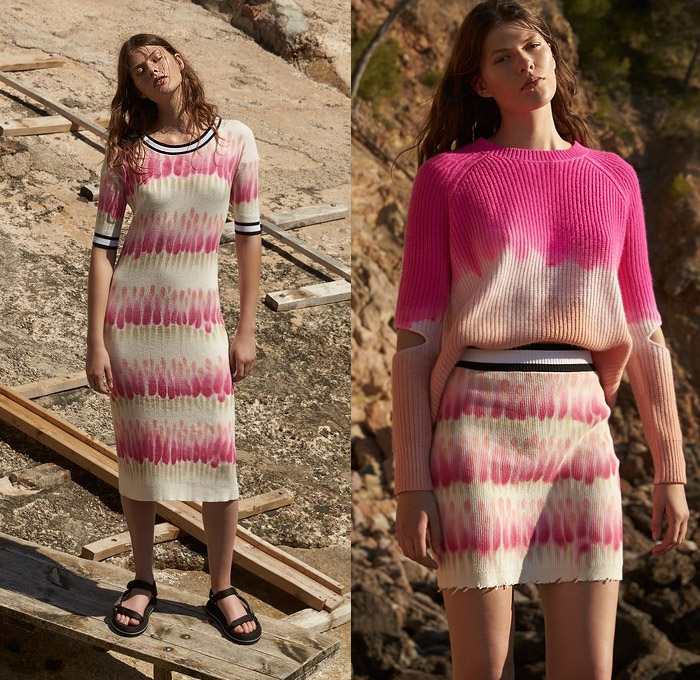 Zoë Jordan 2020 Spring Summer Womens Lookbook Presentation - Athleisure Sporty Trackwear Knit Crochet Mesh Sweaterdress Hoodie Tie-Dye Gradient Ombré Cutout Sleeves Sweatshirt Miniskirt Wide Leg Trackpants Jogger Fringes Sandals Sunglasses 