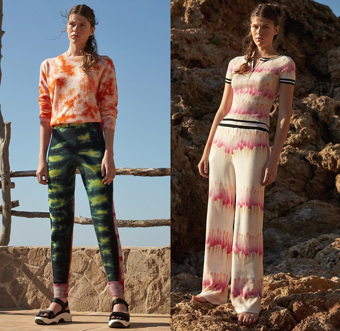 Zoë Jordan 2020 Spring Summer Womens Lookbook Presentation - Athleisure Sporty Trackwear Knit Crochet Mesh Sweaterdress Hoodie Tie-Dye Gradient Ombré Cutout Sleeves Sweatshirt Miniskirt Wide Leg Trackpants Jogger Fringes Sandals Sunglasses 