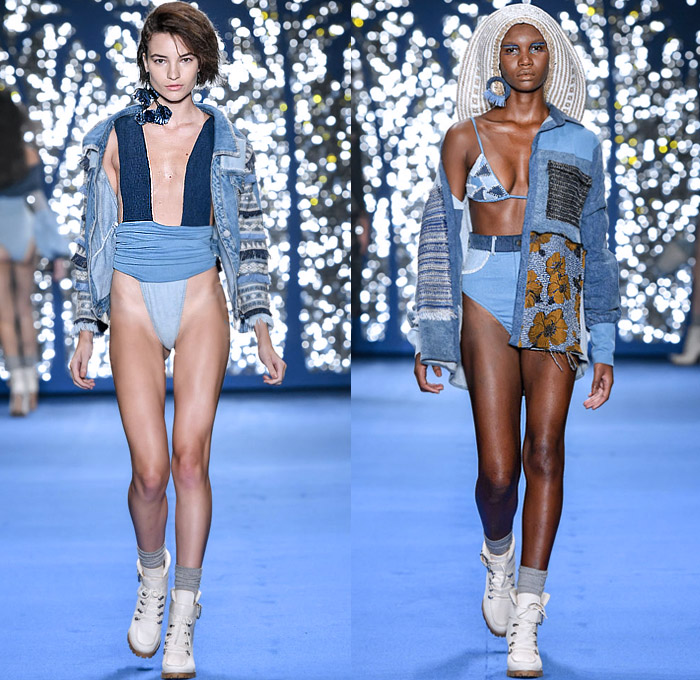 Top 5 Borana 2020 Summer Verão Womens Runway Catwalk Looks São Paulo Fashion Week SPFW N47 Brasil Southern Hemisphere - Denim Jeans Swimsuit Bikini Beachwear Rope Tied Strapless Tassels Mesh Fishnet Crop Top Midriff Bandeau Tropical Fringes Knit Crochet Shawl Jacket Wide Bell Sleeves Cargo Pockets Poufy Shoulders Halterneck Wide Leg Palazzo Pants Tiered Long Skirt Basket Weave Handbag Tote Boots Hat Loop Earrings