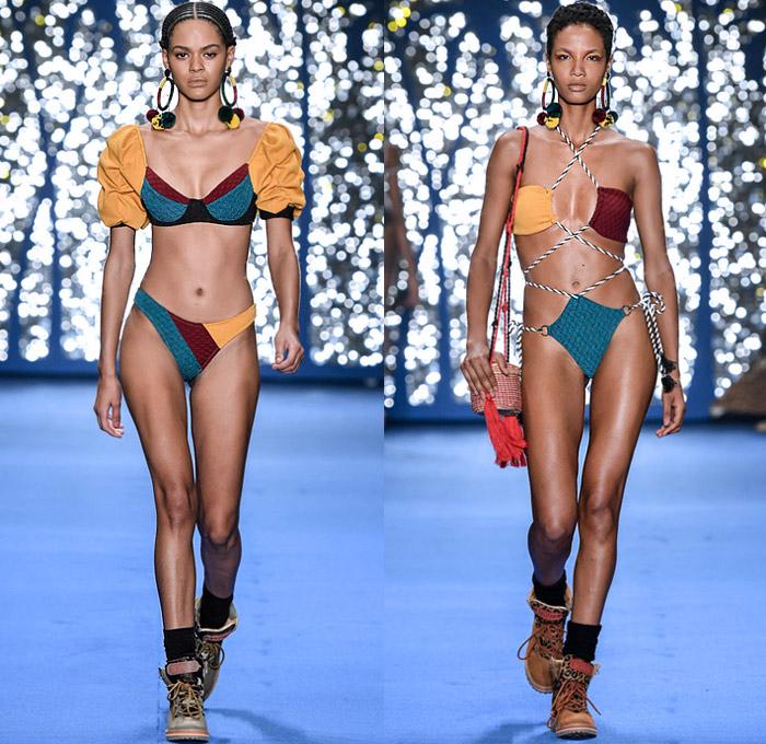 Top 5 Borana 2020 Summer Verão Womens Runway Catwalk Looks São Paulo Fashion Week SPFW N47 Brasil Southern Hemisphere - Denim Jeans Swimsuit Bikini Beachwear Rope Tied Strapless Tassels Mesh Fishnet Crop Top Midriff Bandeau Tropical Fringes Knit Crochet Shawl Jacket Wide Bell Sleeves Cargo Pockets Poufy Shoulders Halterneck Wide Leg Palazzo Pants Tiered Long Skirt Basket Weave Handbag Tote Boots Hat Loop Earrings