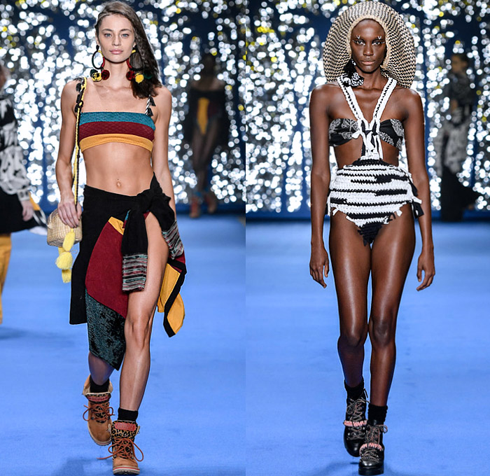 Top 5 Borana 2020 Summer Verão Womens Runway Catwalk Looks São Paulo Fashion Week SPFW N47 Brasil Southern Hemisphere - Denim Jeans Swimsuit Bikini Beachwear Rope Tied Strapless Tassels Mesh Fishnet Crop Top Midriff Bandeau Tropical Fringes Knit Crochet Shawl Jacket Wide Bell Sleeves Cargo Pockets Poufy Shoulders Halterneck Wide Leg Palazzo Pants Tiered Long Skirt Basket Weave Handbag Tote Boots Hat Loop Earrings