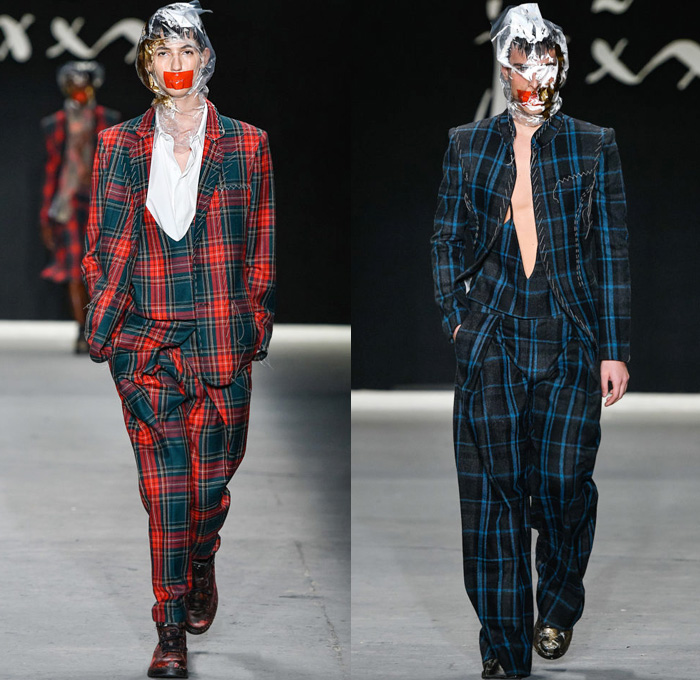 João Pimenta 2019-2020 SPFW N47 Mens Runway Catwalk Looks São Paulo Fashion Week Brasil Southern Hemisphere - Censorship Torture Silence Plastic Bag Mouth Taped Camouflage Suit Blazer Plaid Check Straps Paint Bones Skeleton Cargo Utility Pockets Jumpsuit Coveralls Houndstooth Jacquard Brocade Cutout Slashed Long Sleeve Shirt Ruffles Knit Crochet Hoodie Velvet Quilted Puffer Jacket Parka Manskirt Kilt Stripes Military Boots