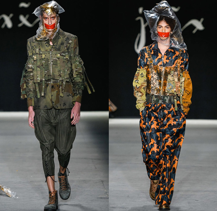 João Pimenta 2019-2020 SPFW N47 Mens Runway Catwalk Looks São Paulo Fashion Week Brasil Southern Hemisphere - Censorship Torture Silence Plastic Bag Mouth Taped Camouflage Suit Blazer Plaid Check Straps Paint Bones Skeleton Cargo Utility Pockets Jumpsuit Coveralls Houndstooth Jacquard Brocade Cutout Slashed Long Sleeve Shirt Ruffles Knit Crochet Hoodie Velvet Quilted Puffer Jacket Parka Manskirt Kilt Stripes Military Boots