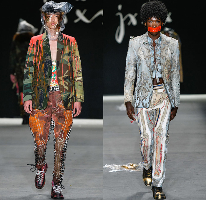 João Pimenta 2019-2020 SPFW N47 Mens Runway Catwalk Looks São Paulo Fashion Week Brasil Southern Hemisphere - Censorship Torture Silence Plastic Bag Mouth Taped Camouflage Suit Blazer Plaid Check Straps Paint Bones Skeleton Cargo Utility Pockets Jumpsuit Coveralls Houndstooth Jacquard Brocade Cutout Slashed Long Sleeve Shirt Ruffles Knit Crochet Hoodie Velvet Quilted Puffer Jacket Parka Manskirt Kilt Stripes Military Boots