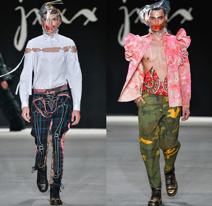 João Pimenta 2019-2020 SPFW N47 Mens Runway Catwalk Looks São Paulo Fashion Week Brasil Southern Hemisphere - Censorship Torture Silence Plastic Bag Mouth Taped Camouflage Suit Blazer Plaid Check Straps Paint Bones Skeleton Cargo Utility Pockets Jumpsuit Coveralls Houndstooth Jacquard Brocade Cutout Slashed Long Sleeve Shirt Ruffles Knit Crochet Hoodie Velvet Quilted Puffer Jacket Parka Manskirt Kilt Stripes Military Boots