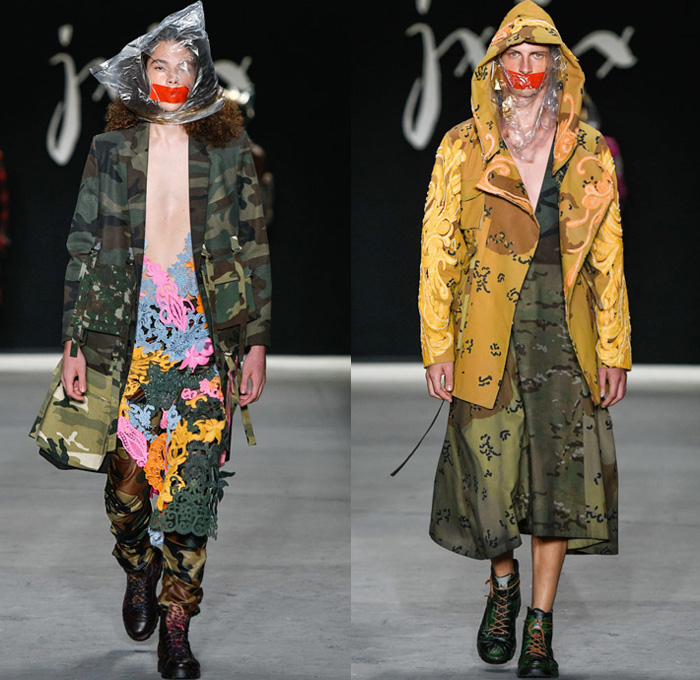 João Pimenta 2019-2020 SPFW N47 Mens Runway Catwalk Looks São Paulo Fashion Week Brasil Southern Hemisphere - Censorship Torture Silence Plastic Bag Mouth Taped Camouflage Suit Blazer Plaid Check Straps Paint Bones Skeleton Cargo Utility Pockets Jumpsuit Coveralls Houndstooth Jacquard Brocade Cutout Slashed Long Sleeve Shirt Ruffles Knit Crochet Hoodie Velvet Quilted Puffer Jacket Parka Manskirt Kilt Stripes Military Boots