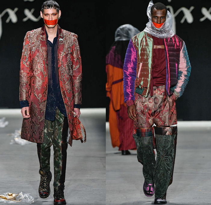 João Pimenta 2019-2020 SPFW N47 Mens Runway Catwalk Looks São Paulo Fashion Week Brasil Southern Hemisphere - Censorship Torture Silence Plastic Bag Mouth Taped Camouflage Suit Blazer Plaid Check Straps Paint Bones Skeleton Cargo Utility Pockets Jumpsuit Coveralls Houndstooth Jacquard Brocade Cutout Slashed Long Sleeve Shirt Ruffles Knit Crochet Hoodie Velvet Quilted Puffer Jacket Parka Manskirt Kilt Stripes Military Boots