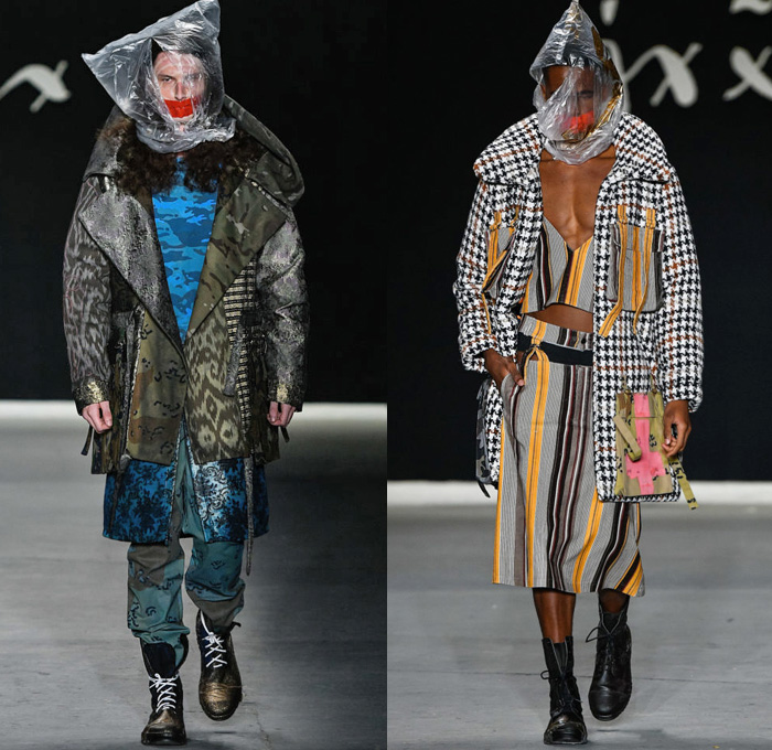 João Pimenta 2019-2020 SPFW N47 Mens Runway Catwalk Looks São Paulo Fashion Week Brasil Southern Hemisphere - Censorship Torture Silence Plastic Bag Mouth Taped Camouflage Suit Blazer Plaid Check Straps Paint Bones Skeleton Cargo Utility Pockets Jumpsuit Coveralls Houndstooth Jacquard Brocade Cutout Slashed Long Sleeve Shirt Ruffles Knit Crochet Hoodie Velvet Quilted Puffer Jacket Parka Manskirt Kilt Stripes Military Boots