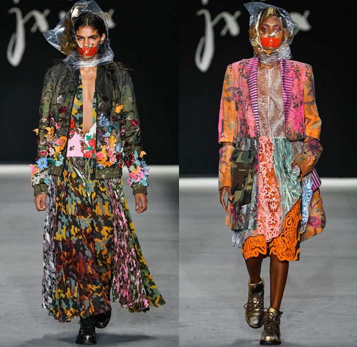 João Pimenta 2019-2020 SPFW N47 Womens Runway Catwalk Looks São Paulo Fashion Week Brasil Southern Hemisphere - Censorship Torture Silence Plastic Bag Mouth Taped Camouflage Trompe L'oeil Flowers Floral Embroidery Stripes Jacquard Brocade Ornamental Decorative Art Cutout Slashed Plaid Check Noodle Strap Maxi Dress Quilted Puffer Jacket Parka Wide Leg Palazzo Pants Knit Crochet Pantsuit Bedazzled Crystals Gems Embroidery Boots