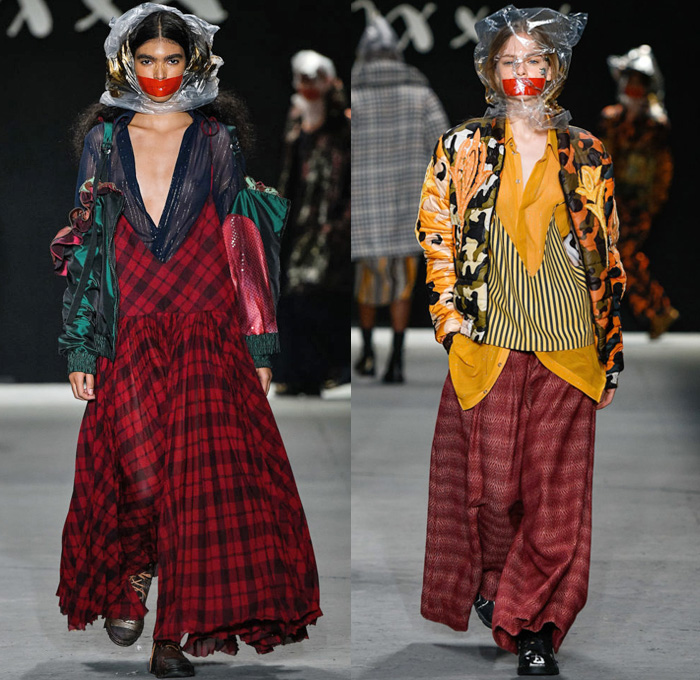 João Pimenta 2019-2020 SPFW N47 Womens Runway Catwalk Looks São Paulo Fashion Week Brasil Southern Hemisphere - Censorship Torture Silence Plastic Bag Mouth Taped Camouflage Trompe L'oeil Flowers Floral Embroidery Stripes Jacquard Brocade Ornamental Decorative Art Cutout Slashed Plaid Check Noodle Strap Maxi Dress Quilted Puffer Jacket Parka Wide Leg Palazzo Pants Knit Crochet Pantsuit Bedazzled Crystals Gems Embroidery Boots