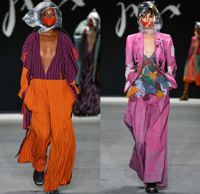 João Pimenta 2019-2020 SPFW N47 Womens Runway Catwalk Looks São Paulo Fashion Week Brasil Southern Hemisphere - Censorship Torture Silence Plastic Bag Mouth Taped Camouflage Trompe L'oeil Flowers Floral Embroidery Stripes Jacquard Brocade Ornamental Decorative Art Cutout Slashed Plaid Check Noodle Strap Maxi Dress Quilted Puffer Jacket Parka Wide Leg Palazzo Pants Knit Crochet Pantsuit Bedazzled Crystals Gems Embroidery Boots