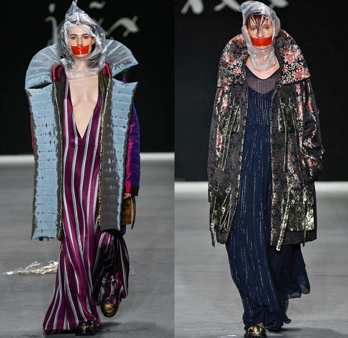 João Pimenta 2019-2020 SPFW N47 Womens Runway Catwalk Looks São Paulo Fashion Week Brasil Southern Hemisphere - Censorship Torture Silence Plastic Bag Mouth Taped Camouflage Trompe L'oeil Flowers Floral Embroidery Stripes Jacquard Brocade Ornamental Decorative Art Cutout Slashed Plaid Check Noodle Strap Maxi Dress Quilted Puffer Jacket Parka Wide Leg Palazzo Pants Knit Crochet Pantsuit Bedazzled Crystals Gems Embroidery Boots