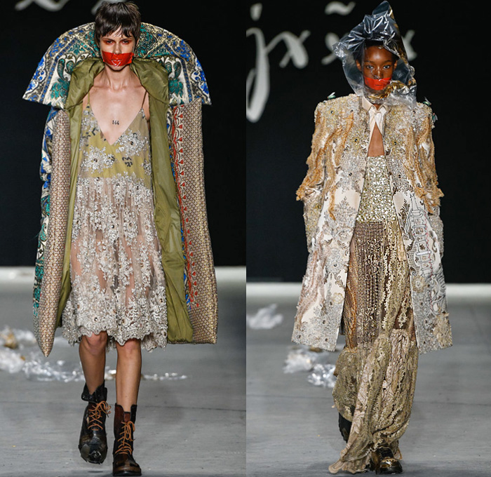 João Pimenta 2019-2020 SPFW N47 Womens Runway Catwalk Looks São Paulo Fashion Week Brasil Southern Hemisphere - Censorship Torture Silence Plastic Bag Mouth Taped Camouflage Trompe L'oeil Flowers Floral Embroidery Stripes Jacquard Brocade Ornamental Decorative Art Cutout Slashed Plaid Check Noodle Strap Maxi Dress Quilted Puffer Jacket Parka Wide Leg Palazzo Pants Knit Crochet Pantsuit Bedazzled Crystals Gems Embroidery Boots