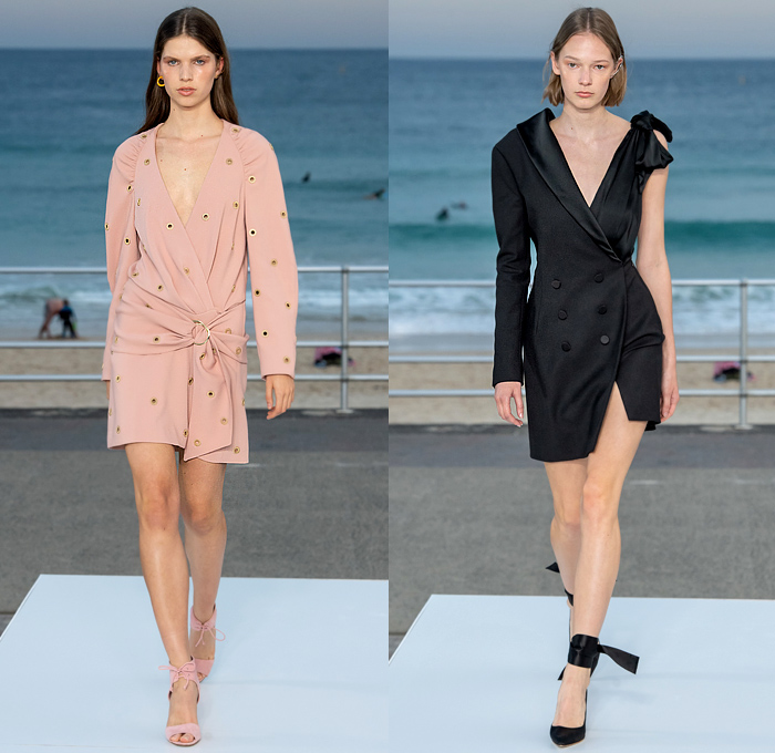 Jonathan Simkhai 2020 Resort Cruise Pre-Spring Womens Runway Catwalk Looks Collection - Mercedes-Benz Fashion Week Sydney Australia - Bondi Beach Ombré Gradient Coat Bomber Jacket Satin Cinch Elongated Sleeves Bracelet Straps Chain Print Wrap Tied Blouse Noodle Strap Dress Draped Sash Asymmetrical Sheer Strapless Gown Crop Top Lace Embroidery Scarf Holes Blazerdress High Slit Pantsuit Onesie Jumpsuit Coveralls Boiler Suit Wide Leg Palazzo Pants Shorts Swimsuit Monokini Beachwear