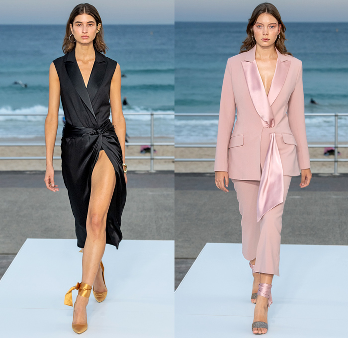 Jonathan Simkhai 2020 Resort Cruise Pre-Spring Womens Runway Catwalk Looks Collection - Mercedes-Benz Fashion Week Sydney Australia - Bondi Beach Ombré Gradient Coat Bomber Jacket Satin Cinch Elongated Sleeves Bracelet Straps Chain Print Wrap Tied Blouse Noodle Strap Dress Draped Sash Asymmetrical Sheer Strapless Gown Crop Top Lace Embroidery Scarf Holes Blazerdress High Slit Pantsuit Onesie Jumpsuit Coveralls Boiler Suit Wide Leg Palazzo Pants Shorts Swimsuit Monokini Beachwear