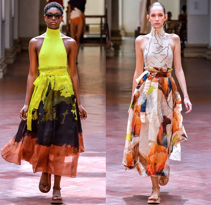 Lenny Niemeyer 2020 Summer Verão Womens Runway Catwalk Looks São Paulo Fashion Week Brasil Southern Hemisphere - Sheer Chiffon Shirtdress Maxi Dress Capelet Pellegrina Swirls Cosmic Dust Map Foliage Bird Feathers Plumage Knit Mesh Halterneck Sleeveless Tied Wrap Crop Top Midriff Draped Turtleneck One Shoulder Fins Accordion Pleats Long Skirt Swimsuit Swimwear Cutout Waist Sandals