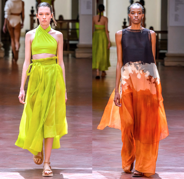 Lenny Niemeyer 2020 Summer Verão Womens Runway Catwalk Looks São Paulo Fashion Week Brasil Southern Hemisphere - Sheer Chiffon Shirtdress Maxi Dress Capelet Pellegrina Swirls Cosmic Dust Map Foliage Bird Feathers Plumage Knit Mesh Halterneck Sleeveless Tied Wrap Crop Top Midriff Draped Turtleneck One Shoulder Fins Accordion Pleats Long Skirt Swimsuit Swimwear Cutout Waist Sandals