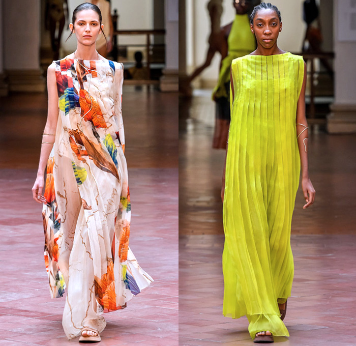 Lenny Niemeyer 2020 Summer Verão Womens Runway Catwalk Looks São Paulo Fashion Week Brasil Southern Hemisphere - Sheer Chiffon Shirtdress Maxi Dress Capelet Pellegrina Swirls Cosmic Dust Map Foliage Bird Feathers Plumage Knit Mesh Halterneck Sleeveless Tied Wrap Crop Top Midriff Draped Turtleneck One Shoulder Fins Accordion Pleats Long Skirt Swimsuit Swimwear Cutout Waist Sandals