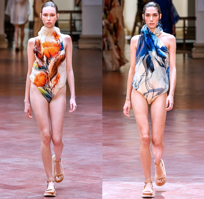 Lenny Niemeyer 2020 Summer Verão Womens Runway Catwalk Looks São Paulo Fashion Week Brasil Southern Hemisphere - Sheer Chiffon Shirtdress Maxi Dress Capelet Pellegrina Swirls Cosmic Dust Map Foliage Bird Feathers Plumage Knit Mesh Halterneck Sleeveless Tied Wrap Crop Top Midriff Draped Turtleneck One Shoulder Fins Accordion Pleats Long Skirt Swimsuit Swimwear Cutout Waist Sandals