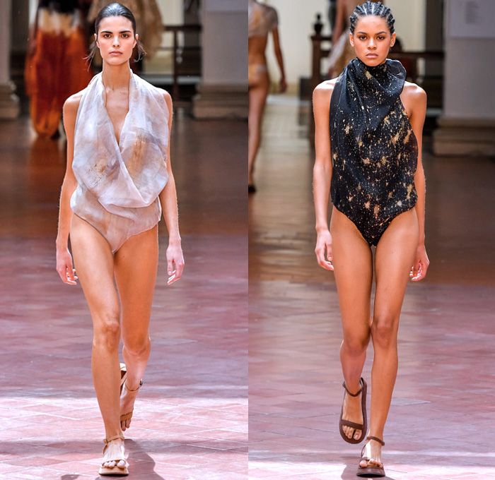 Lenny Niemeyer 2020 Summer Verão Womens Runway Catwalk Looks São Paulo Fashion Week Brasil Southern Hemisphere - Sheer Chiffon Shirtdress Maxi Dress Capelet Pellegrina Swirls Cosmic Dust Map Foliage Bird Feathers Plumage Knit Mesh Halterneck Sleeveless Tied Wrap Crop Top Midriff Draped Turtleneck One Shoulder Fins Accordion Pleats Long Skirt Swimsuit Swimwear Cutout Waist Sandals