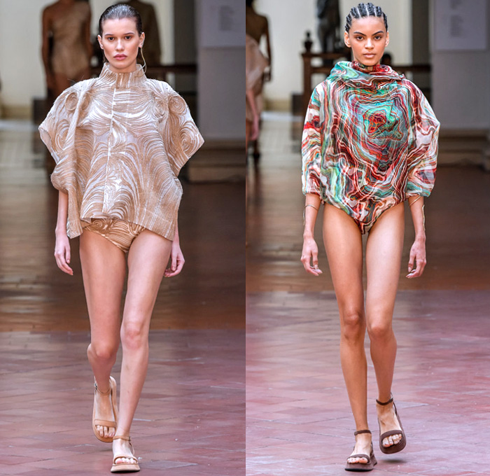 Lenny Niemeyer 2020 Summer Verão Womens Runway Catwalk Looks São Paulo Fashion Week Brasil Southern Hemisphere - Sheer Chiffon Shirtdress Maxi Dress Capelet Pellegrina Swirls Cosmic Dust Map Foliage Bird Feathers Plumage Knit Mesh Halterneck Sleeveless Tied Wrap Crop Top Midriff Draped Turtleneck One Shoulder Fins Accordion Pleats Long Skirt Swimsuit Swimwear Cutout Waist Sandals