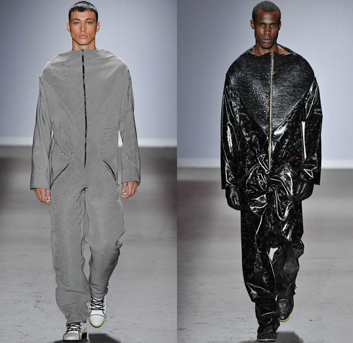 Lino Villaventura 2019 Fall Autumn Winter Mens Runway Catwalk Looks São Paulo Fashion Week Brasil Southern Hemisphere - Futurist Onesie Jumpsuit Coveralls Boiler Suit Hypnotic Stripes PVC Vinyl Furry Shaggy Jacket Camouflage Robe Boots