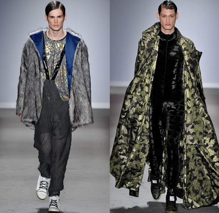 Lino Villaventura 2019 Fall Autumn Winter Mens Runway Catwalk Looks São Paulo Fashion Week Brasil Southern Hemisphere - Futurist Onesie Jumpsuit Coveralls Boiler Suit Hypnotic Stripes PVC Vinyl Furry Shaggy Jacket Camouflage Robe Boots