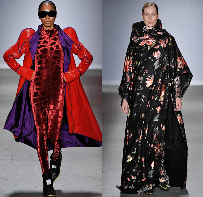 Lino Villaventura 2019 Fall Autumn Winter Womens Runway Catwalk Looks São Paulo Fashion Week Brasil Southern Hemisphere - Futurist Sheer Tulle Wrap Ridges Grooves Pleats Jacquard Brocade Motorcycle Biker Quilted Puffer Jacket One Shoulder Tunic Tutu Dress Gown Bedazzled Gems Sequins Adorned Embroidery Ornamental Decorative Art Boatneck Metallic Asian Dragon Halterneck High Shoulders Onesie Jumpsuit Coveralls Flowers Floral Robe Zipper Cargo Pants Leggings Thigh High Boots