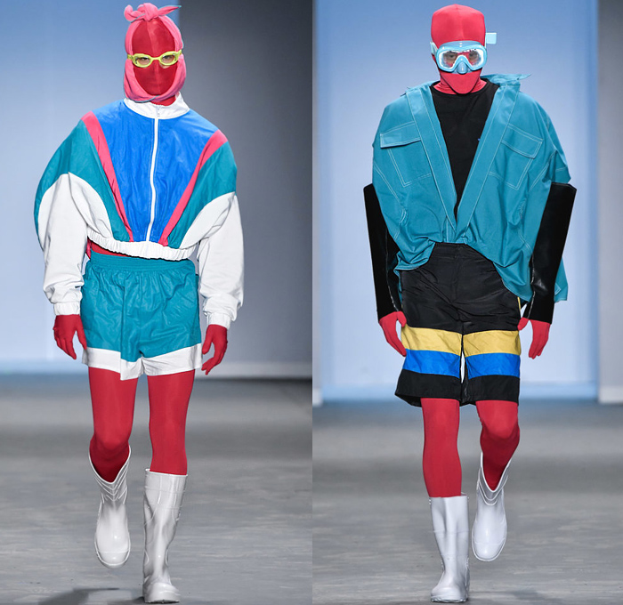 Projeto Estufa - Mipinta 2020 Summer Verão Mens Runway Catwalk Looks São Paulo Fashion Week Brasil Southern Hemisphere - Athleisure Sportswear Tracksuit Nylon Sweatshirt Bodysuit Morphsuit Swim Goggles Snorkel Mask Stripes Quilted Oversized Coat Vest Onesie Jumpsuit Coveralls Plastic Camera Picnic Bag Tote Handbag Shorts Culottes Boots Galoshes Gloves Backpack