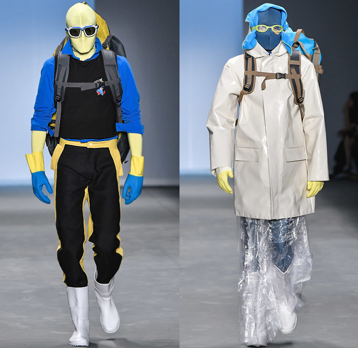 Projeto Estufa - Mipinta 2020 Summer Verão Mens Runway Catwalk Looks São Paulo Fashion Week Brasil Southern Hemisphere - Athleisure Sportswear Tracksuit Nylon Sweatshirt Bodysuit Morphsuit Swim Goggles Snorkel Mask Stripes Quilted Oversized Coat Vest Onesie Jumpsuit Coveralls Plastic Camera Picnic Bag Tote Handbag Shorts Culottes Boots Galoshes Gloves Backpack