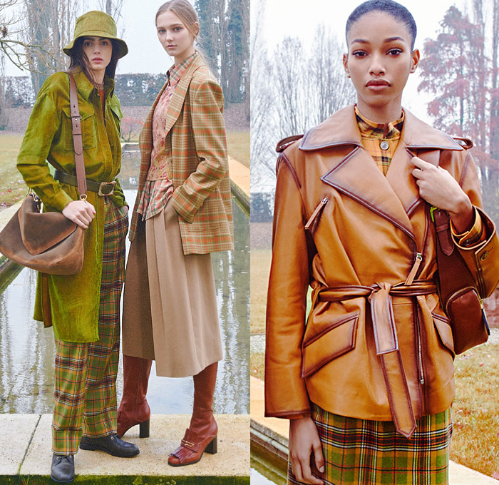 Alberta Ferretti 2021 Pre-Fall Autumn Womens Lookbook Presentation - British Countryside Romanticism Airbrush Ink Stain Plaid Check Argyle Blazer Pantsuit Knit Sweater Corduroy Trench Coat Cargo Pockets Flowers Floral Dress Motorcycle Biker Jacket Onesie Jumpsuit Coveralls Pussycat Bow Sheer Tulle Tiered Ruffles Blouse Bralette Hoodie Parka Trees Branches Decorative Art Print Lace Mesh Embroidery Loungewear Nightgown Wide Leg Strapped Hem Midi Skirt Newsboy Cap Fedora Boots Handbag