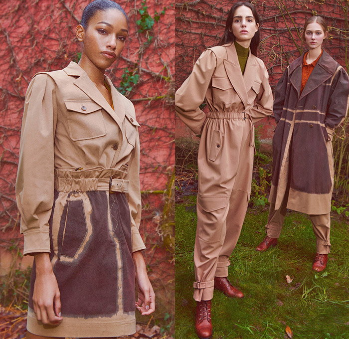 Alberta Ferretti 2021 Pre-Fall Autumn Womens Lookbook Presentation - British Countryside Romanticism Airbrush Ink Stain Plaid Check Argyle Blazer Pantsuit Knit Sweater Corduroy Trench Coat Cargo Pockets Flowers Floral Dress Motorcycle Biker Jacket Onesie Jumpsuit Coveralls Pussycat Bow Sheer Tulle Tiered Ruffles Blouse Bralette Hoodie Parka Trees Branches Decorative Art Print Lace Mesh Embroidery Loungewear Nightgown Wide Leg Strapped Hem Midi Skirt Newsboy Cap Fedora Boots Handbag