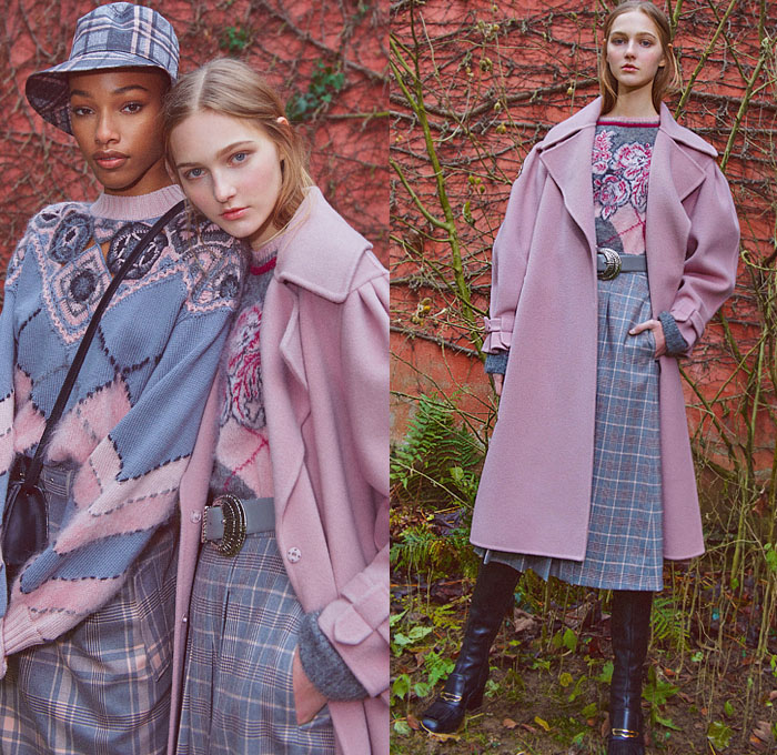 Alberta Ferretti 2021 Pre-Fall Autumn Womens Lookbook Presentation - British Countryside Romanticism Airbrush Ink Stain Plaid Check Argyle Blazer Pantsuit Knit Sweater Corduroy Trench Coat Cargo Pockets Flowers Floral Dress Motorcycle Biker Jacket Onesie Jumpsuit Coveralls Pussycat Bow Sheer Tulle Tiered Ruffles Blouse Bralette Hoodie Parka Trees Branches Decorative Art Print Lace Mesh Embroidery Loungewear Nightgown Wide Leg Strapped Hem Midi Skirt Newsboy Cap Fedora Boots Handbag