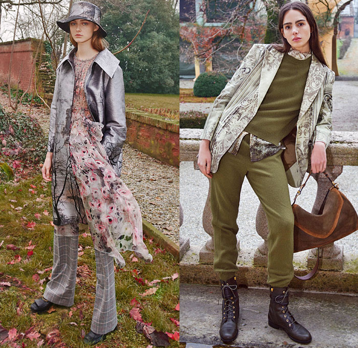 Alberta Ferretti 2021 Pre-Fall Autumn Womens Lookbook Presentation - British Countryside Romanticism Airbrush Ink Stain Plaid Check Argyle Blazer Pantsuit Knit Sweater Corduroy Trench Coat Cargo Pockets Flowers Floral Dress Motorcycle Biker Jacket Onesie Jumpsuit Coveralls Pussycat Bow Sheer Tulle Tiered Ruffles Blouse Bralette Hoodie Parka Trees Branches Decorative Art Print Lace Mesh Embroidery Loungewear Nightgown Wide Leg Strapped Hem Midi Skirt Newsboy Cap Fedora Boots Handbag