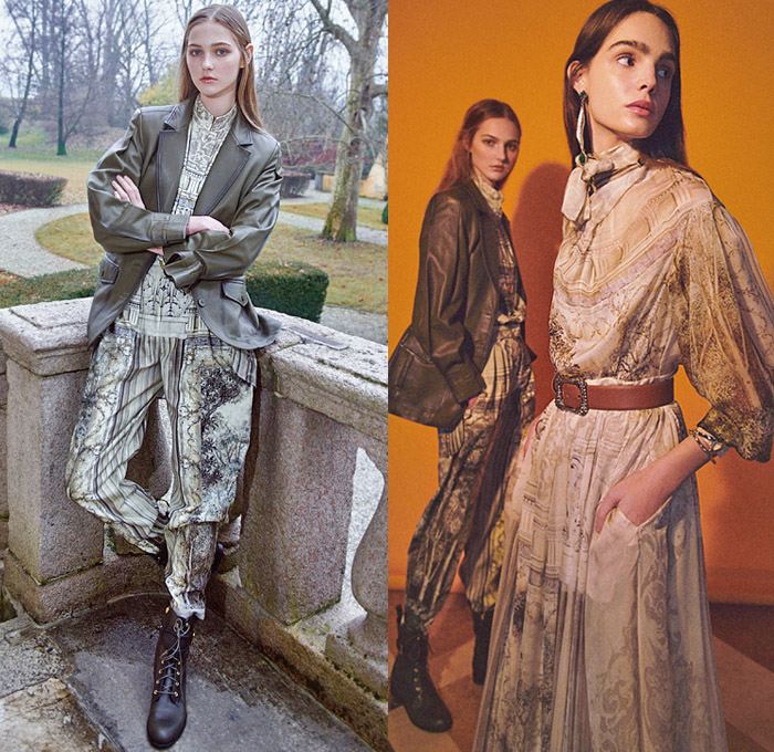 Alberta Ferretti 2021 Pre-Fall Autumn Womens Lookbook Presentation - British Countryside Romanticism Airbrush Ink Stain Plaid Check Argyle Blazer Pantsuit Knit Sweater Corduroy Trench Coat Cargo Pockets Flowers Floral Dress Motorcycle Biker Jacket Onesie Jumpsuit Coveralls Pussycat Bow Sheer Tulle Tiered Ruffles Blouse Bralette Hoodie Parka Trees Branches Decorative Art Print Lace Mesh Embroidery Loungewear Nightgown Wide Leg Strapped Hem Midi Skirt Newsboy Cap Fedora Boots Handbag