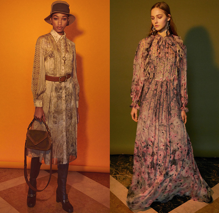 Alberta Ferretti 2021 Pre-Fall Autumn Womens Lookbook Presentation - British Countryside Romanticism Airbrush Ink Stain Plaid Check Argyle Blazer Pantsuit Knit Sweater Corduroy Trench Coat Cargo Pockets Flowers Floral Dress Motorcycle Biker Jacket Onesie Jumpsuit Coveralls Pussycat Bow Sheer Tulle Tiered Ruffles Blouse Bralette Hoodie Parka Trees Branches Decorative Art Print Lace Mesh Embroidery Loungewear Nightgown Wide Leg Strapped Hem Midi Skirt Newsboy Cap Fedora Boots Handbag