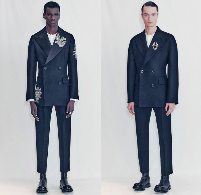 Alexander McQueen 2021-2022 Fall Autumn Winter Mens Lookbook Presentation - Sarah Burton - Denim Jeans Patchwork Hybrid Deconstructed Blazer Double-Breasted Suit Military Aviator Bomber Jacket Utility Pockets Quilted Puffer Knit Sweater Jumper Doves Sunburst Heart Horse Skulls Print Emblem Bedazzle Crystals Embroidery Adorned Long Sleeve Shirt Poufy Puff Sleeves Coat Bombercoat Parka Hoodie Baggy Cargo Pants Combat Boots