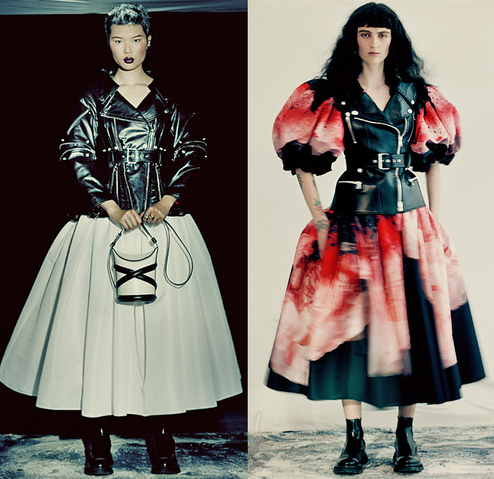 Alexander McQueen 2021-2022 Fall Autumn Winter Womens Lookbook Presentation - Anemones Red Victorian Flowers Floral Poly Faille Exploded Peplum Motorcycle Biker Jacket Hybrid Deconstructed Wide Lapel Poufy Shoulders Puff Sleeves Blazer Bomber Knit Sweater Slashed Neckline One Shoulder Gown Bedazzled Crystals Sequins Gemstones Embroidery Foliage Fauna Fringes Tiered Sheer Tulle Ruffles Noodle Strap Zipper Denim Jeans Patchwork Dress Full Gathered Skirt Boots Sneakers Curve Bag