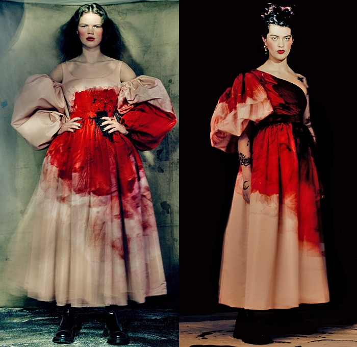 Alexander McQueen 2021-2022 Fall Autumn Winter Womens Lookbook Presentation - Anemones Red Victorian Flowers Floral Poly Faille Exploded Peplum Motorcycle Biker Jacket Hybrid Deconstructed Wide Lapel Poufy Shoulders Puff Sleeves Blazer Bomber Knit Sweater Slashed Neckline One Shoulder Gown Bedazzled Crystals Sequins Gemstones Embroidery Foliage Fauna Fringes Tiered Sheer Tulle Ruffles Noodle Strap Zipper Denim Jeans Patchwork Dress Full Gathered Skirt Boots Sneakers Curve Bag