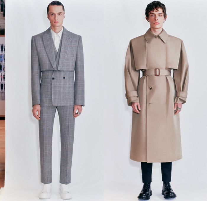 Alexander McQueen 2021 Pre-Fall Autumn Mens Lookbook Presentation - Sarah Burton - Kimono Sleeves Oversized Trench Coat Polyfaille MA1 Bomber Aviator Parka Hybrid Deconstructed Prince of Wales Check Plaid Cropped Blazer Suit Bombercoat Patchwork Tuxedo Cocktail Mullet High-Low Dovetail Hem Drawstring Cinch Motorcycle Biker Rider Jacket Leather Zipper Pockets Slim Leg Peg Trousers Worker Boots