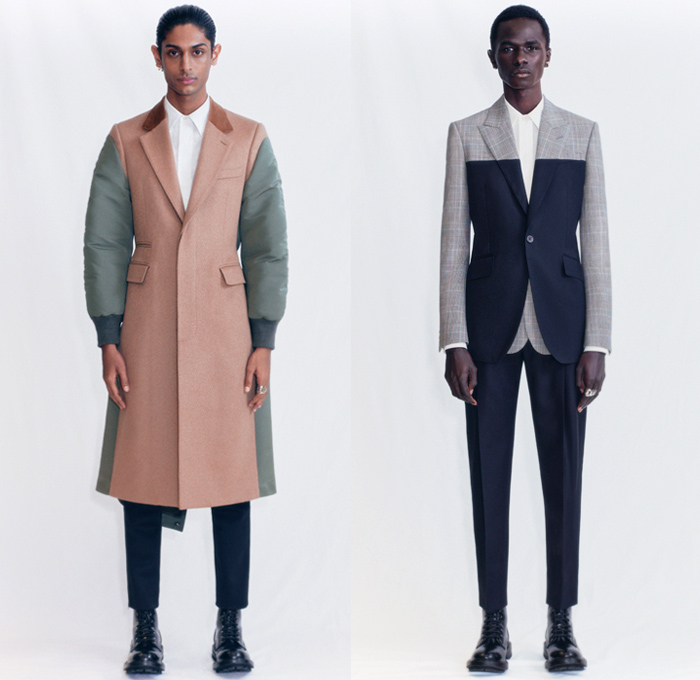 Alexander McQueen 2021 Pre-Fall Autumn Mens Lookbook Presentation - Sarah Burton - Kimono Sleeves Oversized Trench Coat Polyfaille MA1 Bomber Aviator Parka Hybrid Deconstructed Prince of Wales Check Plaid Cropped Blazer Suit Bombercoat Patchwork Tuxedo Cocktail Mullet High-Low Dovetail Hem Drawstring Cinch Motorcycle Biker Rider Jacket Leather Zipper Pockets Slim Leg Peg Trousers Worker Boots