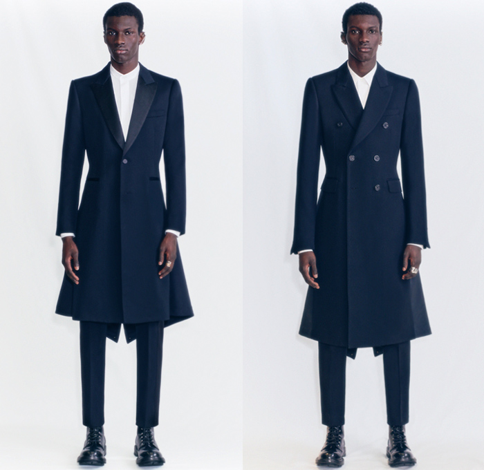 Alexander McQueen 2021 Pre-Fall Autumn Mens Lookbook Presentation - Sarah Burton - Kimono Sleeves Oversized Trench Coat Polyfaille MA1 Bomber Aviator Parka Hybrid Deconstructed Prince of Wales Check Plaid Cropped Blazer Suit Bombercoat Patchwork Tuxedo Cocktail Mullet High-Low Dovetail Hem Drawstring Cinch Motorcycle Biker Rider Jacket Leather Zipper Pockets Slim Leg Peg Trousers Worker Boots